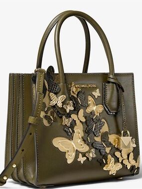 Michael Kors Olive Green Butterfly Appliqué Tote with Gold Accents w/dust bag